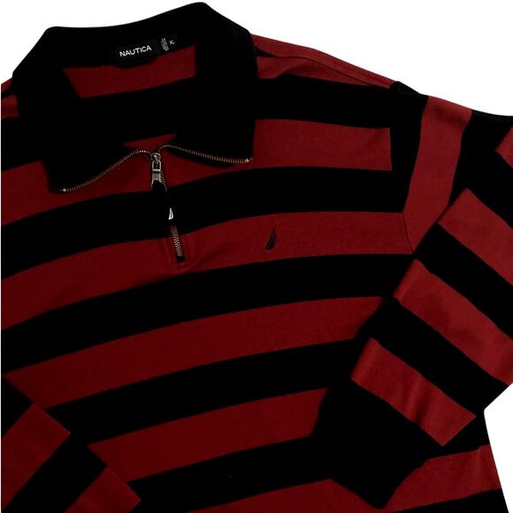 Nautica Vintage Quarter Zip Rugby Pullover Mens XL Red/Black Striped Sport Y2K - Picture 2 of 10